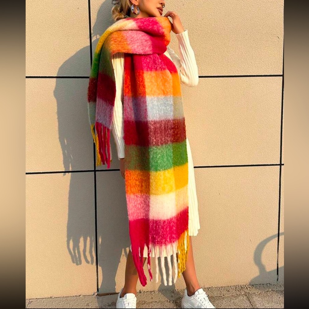 Luxe Colorful Brushed Checkered Plaid Tassel Blanket Scarf